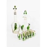 A Webb glass liqueur set, clear glass applied with green glass prunts, the decanter with silver neck