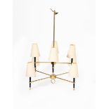 A large Italian brass and ebonised wood ceiling light, radiating arms supporting eight lights, the