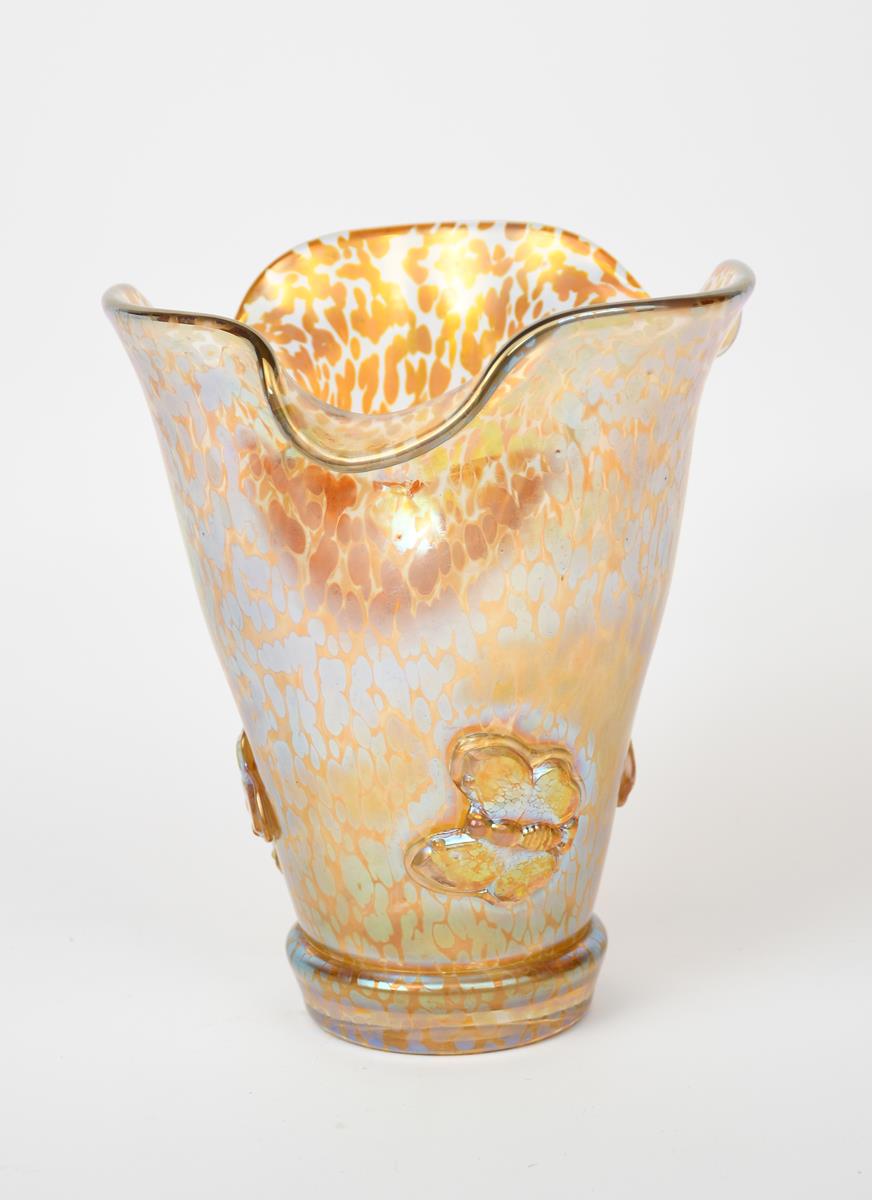 A Loetz Candia Papillon glass vase, footed, flaring cylindrical form with fluted rim, applied with