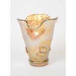 A Loetz Candia Papillon glass vase, footed, flaring cylindrical form with fluted rim, applied with