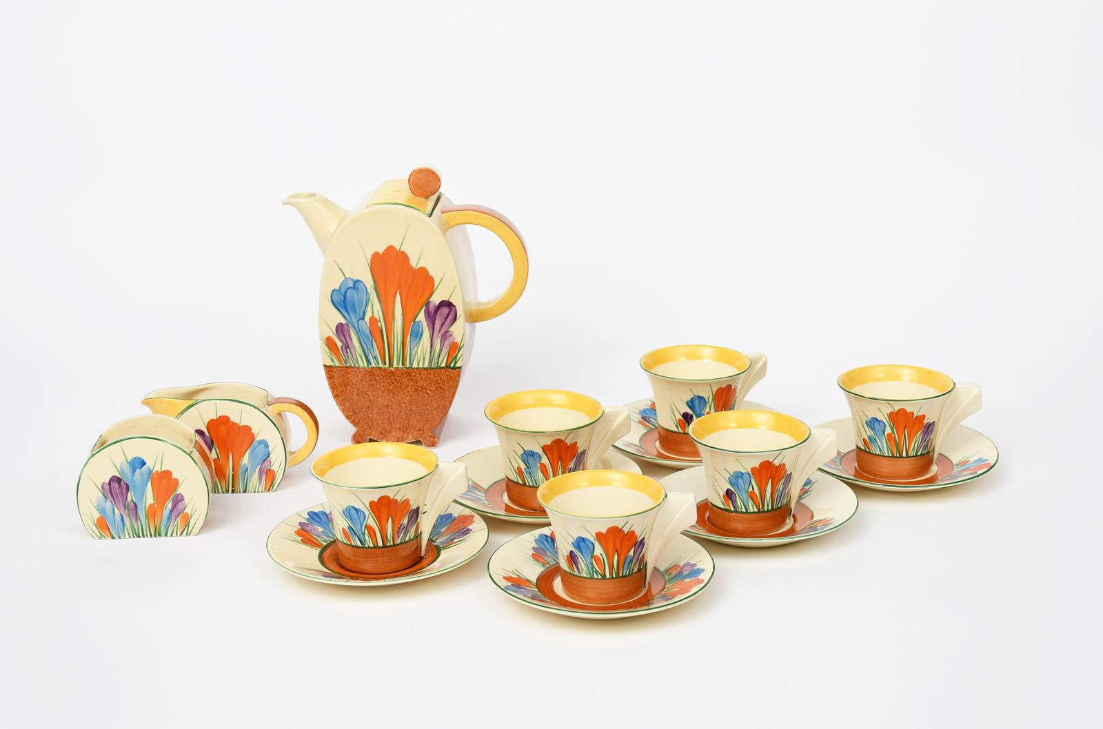 'Crocus' a Clarice Cliff Bizarre Bon Jour coffee set for six, comprising, coffee pot and cover,