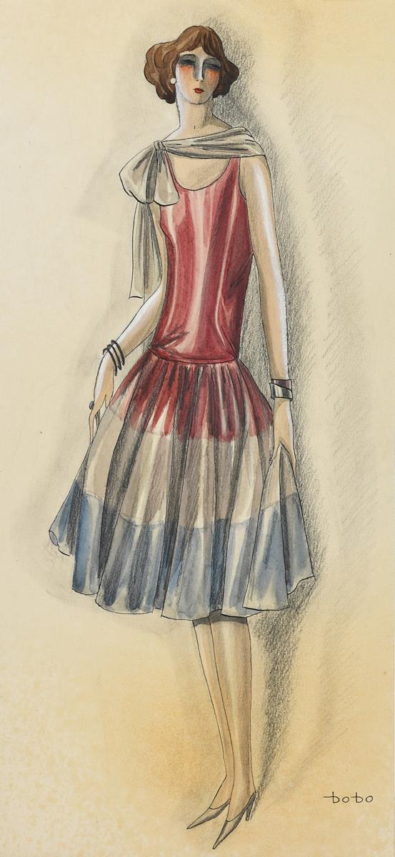 ‡ Dorte Clara Dodo Burgner (1907-1998) Lady in a Dress (Tricoleur) fashion design in pencil and