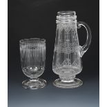 An early James Powell & Sons Whitefriars engraved glass jug, footed, tapering cylindrical form, with
