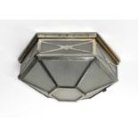 A chrome and frosted glass ceiling light, hexagonal section, with hinged door, the side panels
