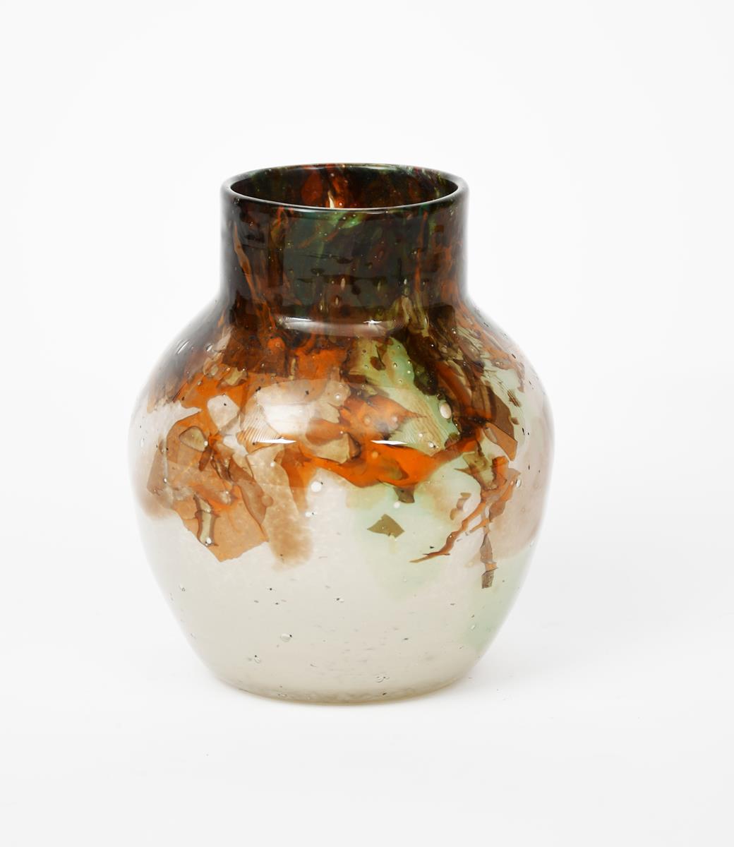 A Moncrieff's Monart Ware glass vase, shouldered ovoid form with collar neck, mottled off white