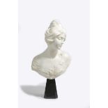 Julien Bust of a young lady an Art Nouveau alabaster sculpture, carved with a central flower and