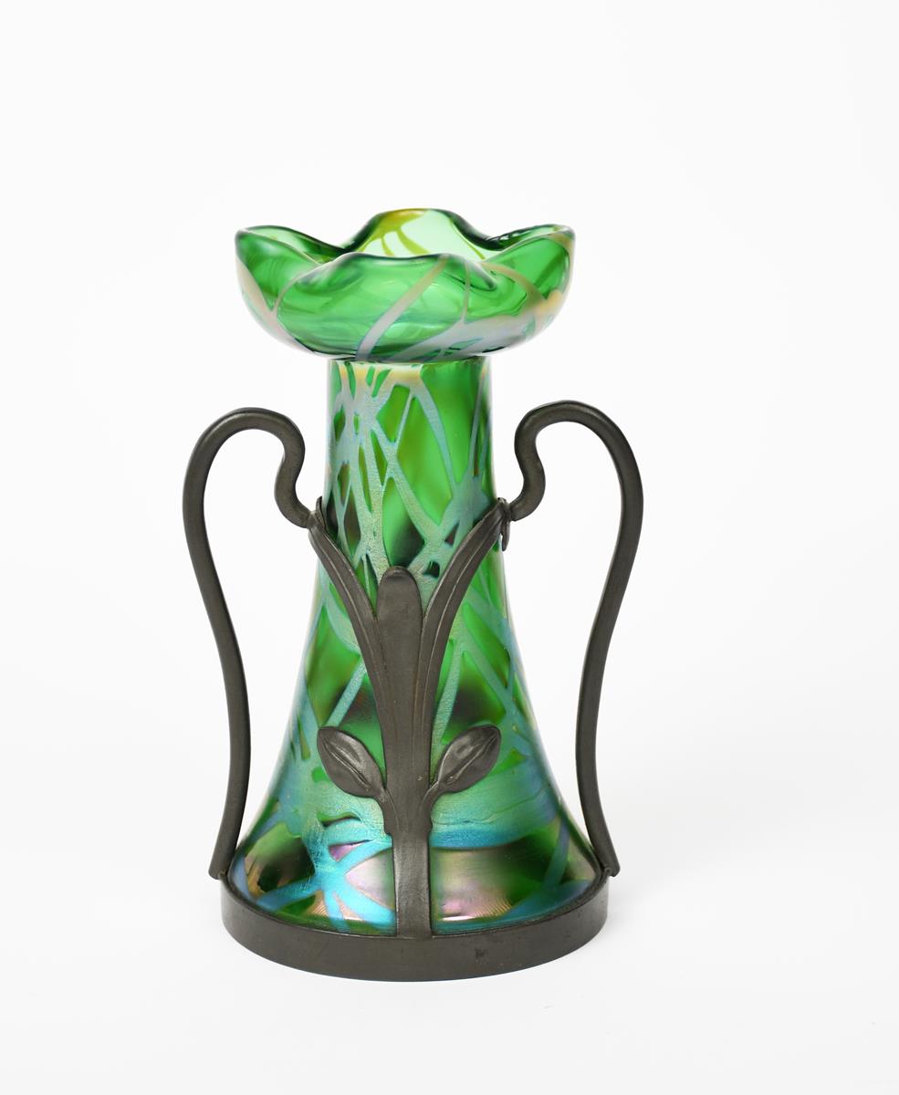 An Art Nouveau Loetz pewter mounted glass vase, model no. 1943, tapering form with swollen neck