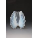 A Sabino opalescent glass vase, tapering cylindrical fluted body with four flange panels cast Made
