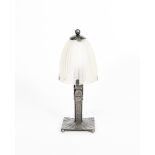 A Sonover and Piquet patinated metal and glass table lamp in the manner of Edgar Brandt, square