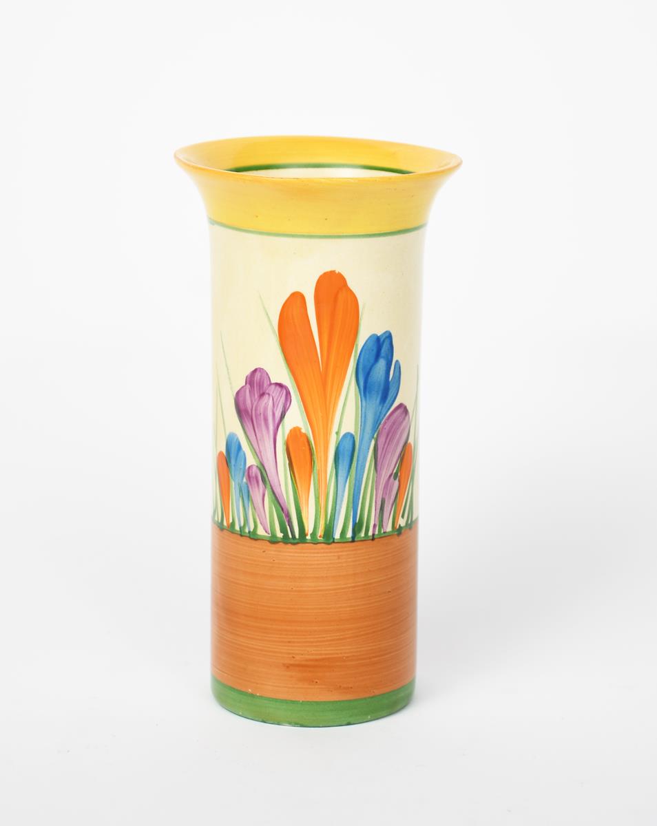 'Crocus' a Clarice Cliff Bizarre vase, shape no.196, painted in colours between yellow and brown