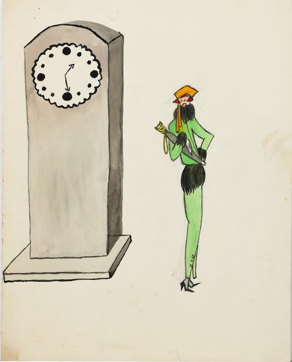 ‡ Dorte Clara Dodo Burgner (1907-1998) Lady in Green (Meet me by the Clocktower) pencil, pen and