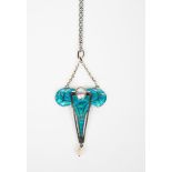 An Art Nouveau silver and enamel pendant necklace, cast in low relief with geometric foliate design,