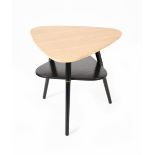 A teak veneer side table, triangular top over offset ebonised shelf, on three flaring legs,