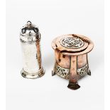 An A E Jones silver sugar caster, cylindrical form with pierced domed top, applied with a band of