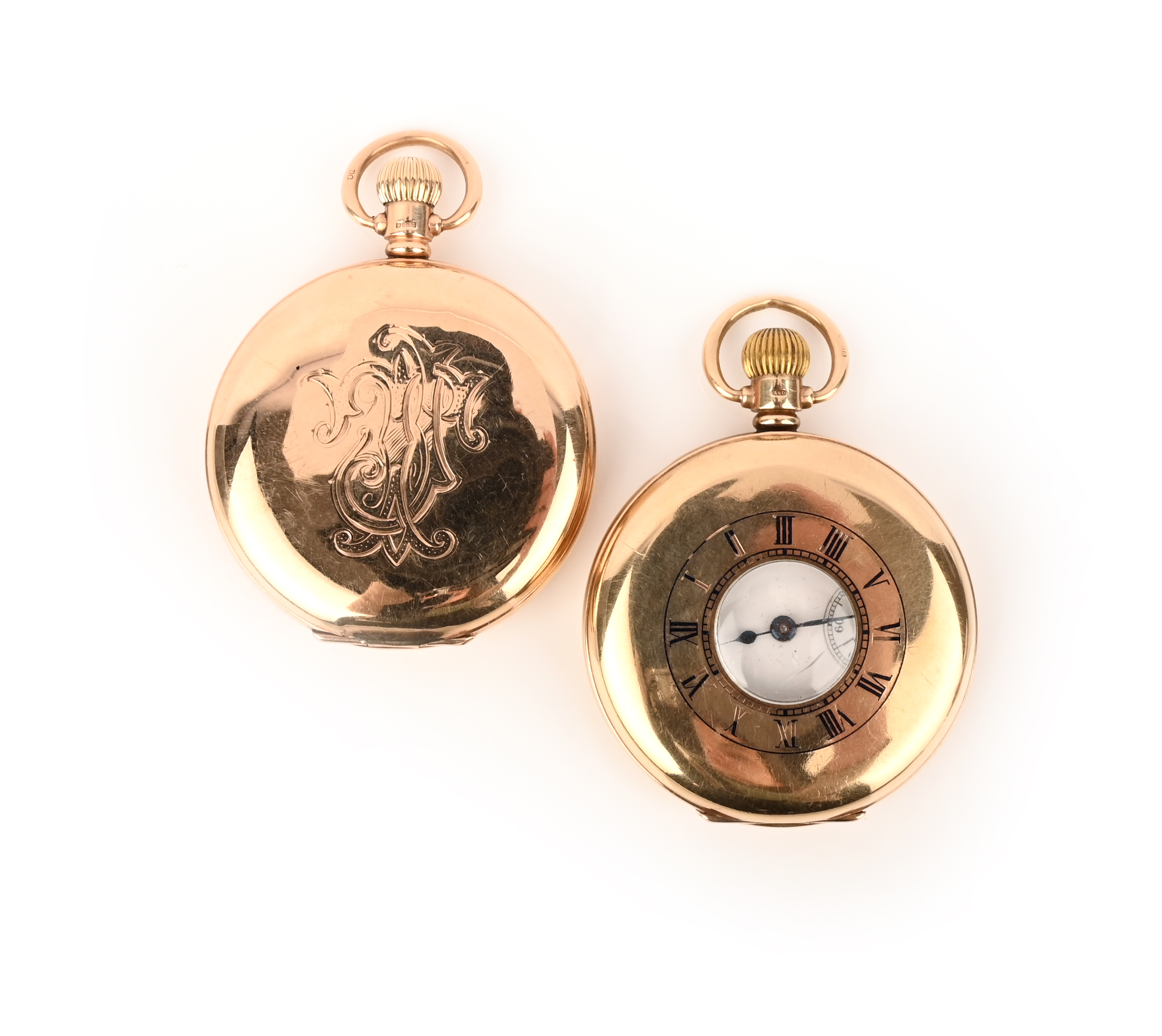 Waltham, a gold half hunter pocket watch, Roman numerals and subsidiary seconds dial, stem wind,