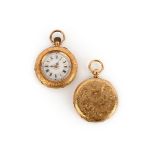 A 19th century 18ct gold fob watch by Stauffer & Co, foliate engraved gold dial with Roman numerals,