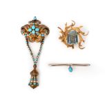 A gold and aquamarine brooch and two turquoise brooches, comprising: an 18ct gold and aquamarine