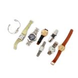 A group of eight wristwatches including one by Omega, comprising: five stainless steel watches by