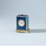 Cartier, a rare Belle Epoque amethyst, enamel, chalcedony and diamond minute repeat desk clock,