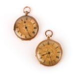 Two gold pocket watches, late 19th century, each with dials engraved with floral designs within