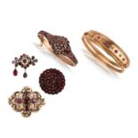 A group of Victorian garnet and ruby jewels, comprising: a 9ct gold bangle set with rubies and