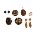 A group of cameo and tortoiseshell piqué work jewels, 19th century, comprising: a singe set with