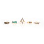 5 rings, including an opal and diamond navette-shaped cluster ring, set in platinum and gold, size