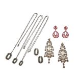 A collection of gem-set jewellery, including a pair of ruby and diamond-set gold drop earrings, clip