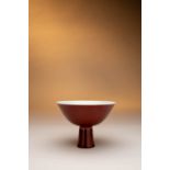 A FINE AND RARE CHINESE COPPER-RED GLAZED STEM BOWL SIX CHARACTER YONGZHENG MARK AND OF THE PERIOD