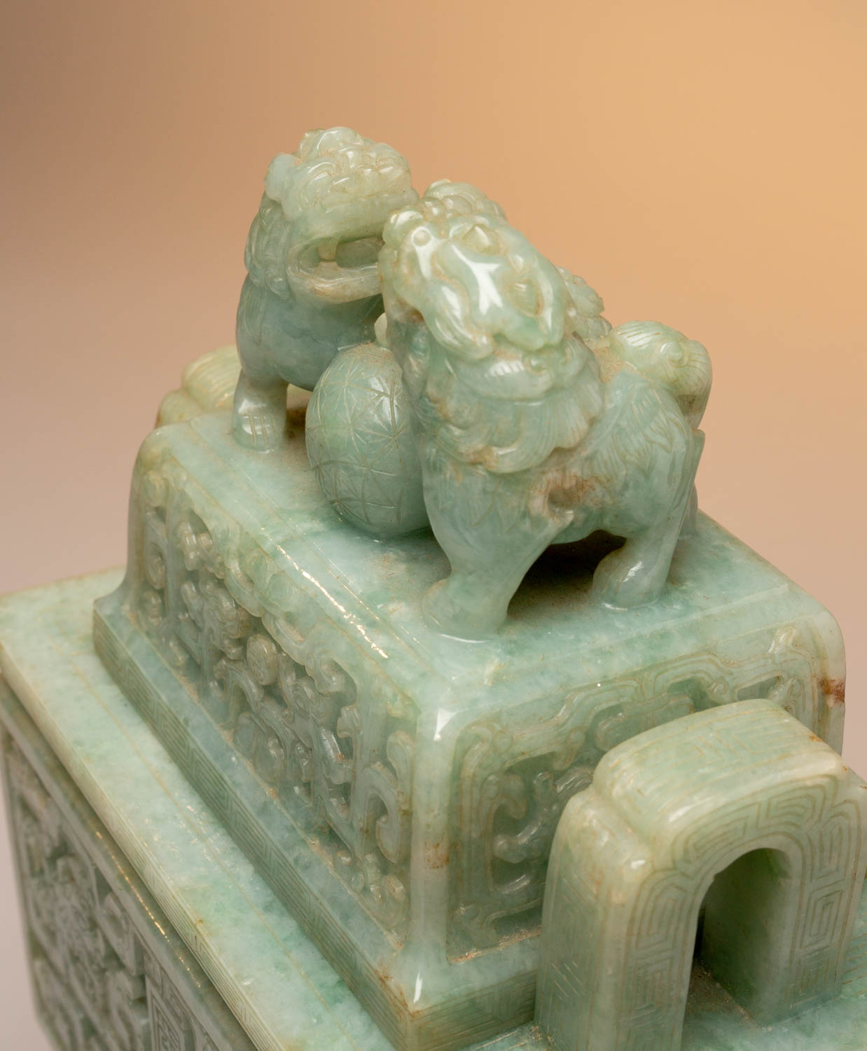 A MASSIVE CHINESE JADEITE ARCHAISTIC INCENSE BURNER AND COVER, FANGDING LATE QING DYNASTY/REPUBLIC - Image 2 of 5
