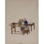 FIVE CHINESE SCHOOL WATERCOLOUR PAINTINGS C.1800 Each depicting a working scene of a solitary