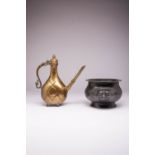 A NORTHERN INDIAN MUGHAL BRONZE EWER, AFTABA AND AN INCENSE BURNER 18TH/19TH CENTURY The ewer raised