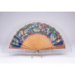 A CHINESE PAPER FAN 19TH CENTURY The paper leaf painted with figures, their faces ivory, their