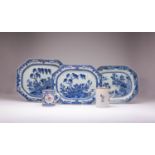 THREE CHINESE BLUE AND WHITE OCTAGONAL MEAT PLATES AND TWO MUGS 18TH CENTURY Variously decorated