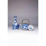 A CHINESE BLUE AND WHITE BOTTLE VASE AND A TEAPOT AND COVER 18TH AND 19TH CENTURY Each mounted