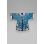A CHINESE BLUE GROUND SILK SUMMER ROBE LATE QING DYNASTY Decorated with peony blossom, finger