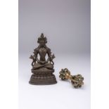 A CHINESE BRONZE FIGURE OF A BODHISATTVA AND A GILT-BRONZE VAJRA QING DYNASTY The figure wears an