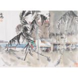 LIM CHANHONG (MALAYSIA 20TH CENTURY) PUNTS ON THE LAKE A Malaysian painting, ink and colour on