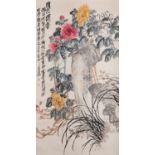 ATTRIBUTED TO WU CHANGSHUO PEONY AND FLOWERS A large Chinese hanging scroll painting, ink and colour