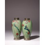 TWO JAPANESE BASKET WEAVE VASES MEIJI ERA OR LATER, 20TH CENTURY The green bodies painted with