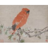 REN YI (1840-1895) PARROT AND PEACH BLOSSOM A Chinese scroll painting, ink and colour on paper,