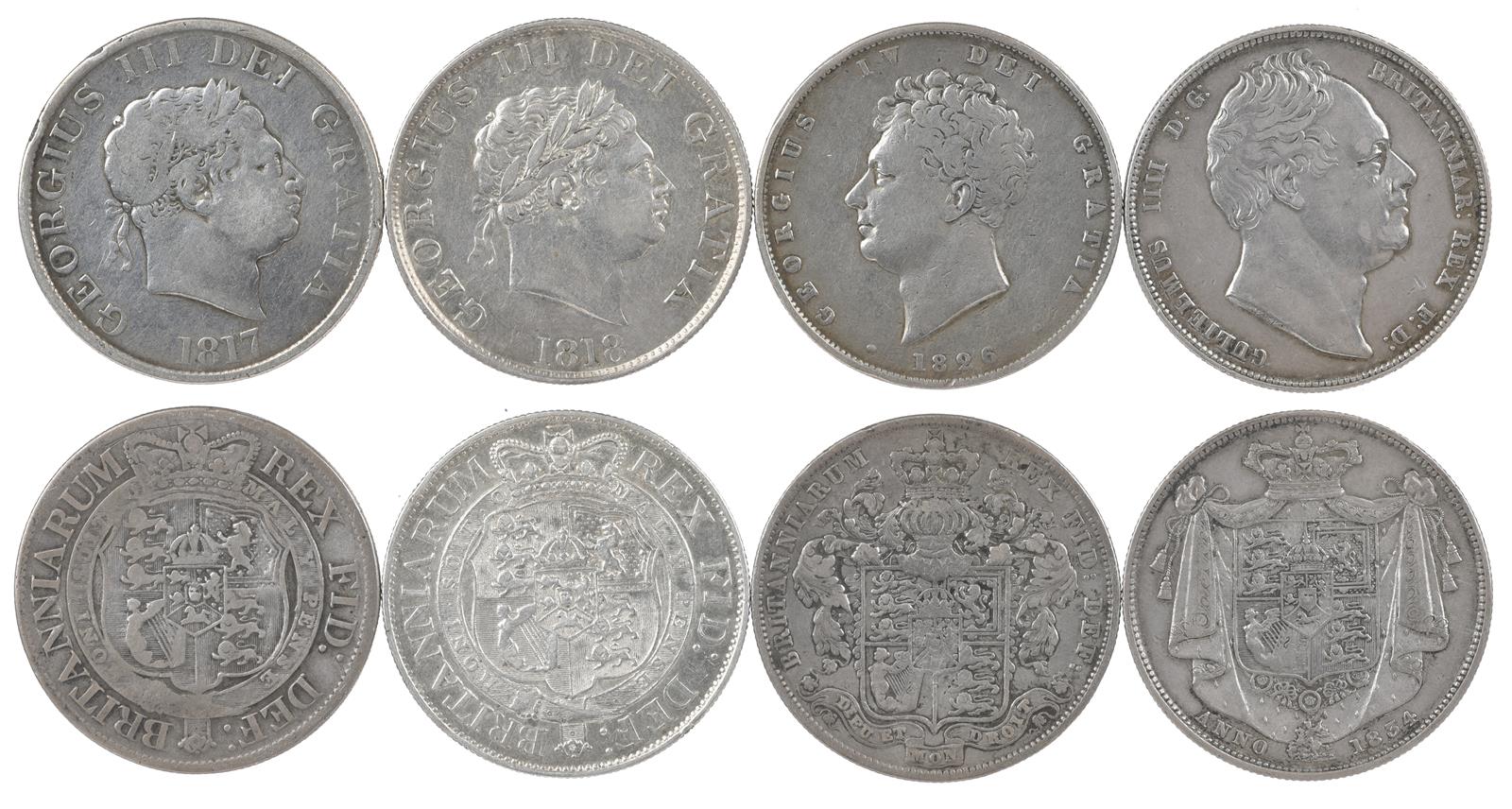 Four silver halfcrowns: George III, 1817, 1818 (S 3789), near fine and good very fine or better;
