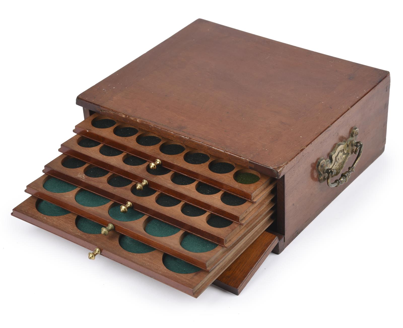 A small mahogany coin collector's cabinet, fall front revealing six slides with coin compartments in