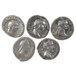 Roman Imperial coinage: denarii (5): Vitellius (69), head right, rev. tripod-lebes with dolphin