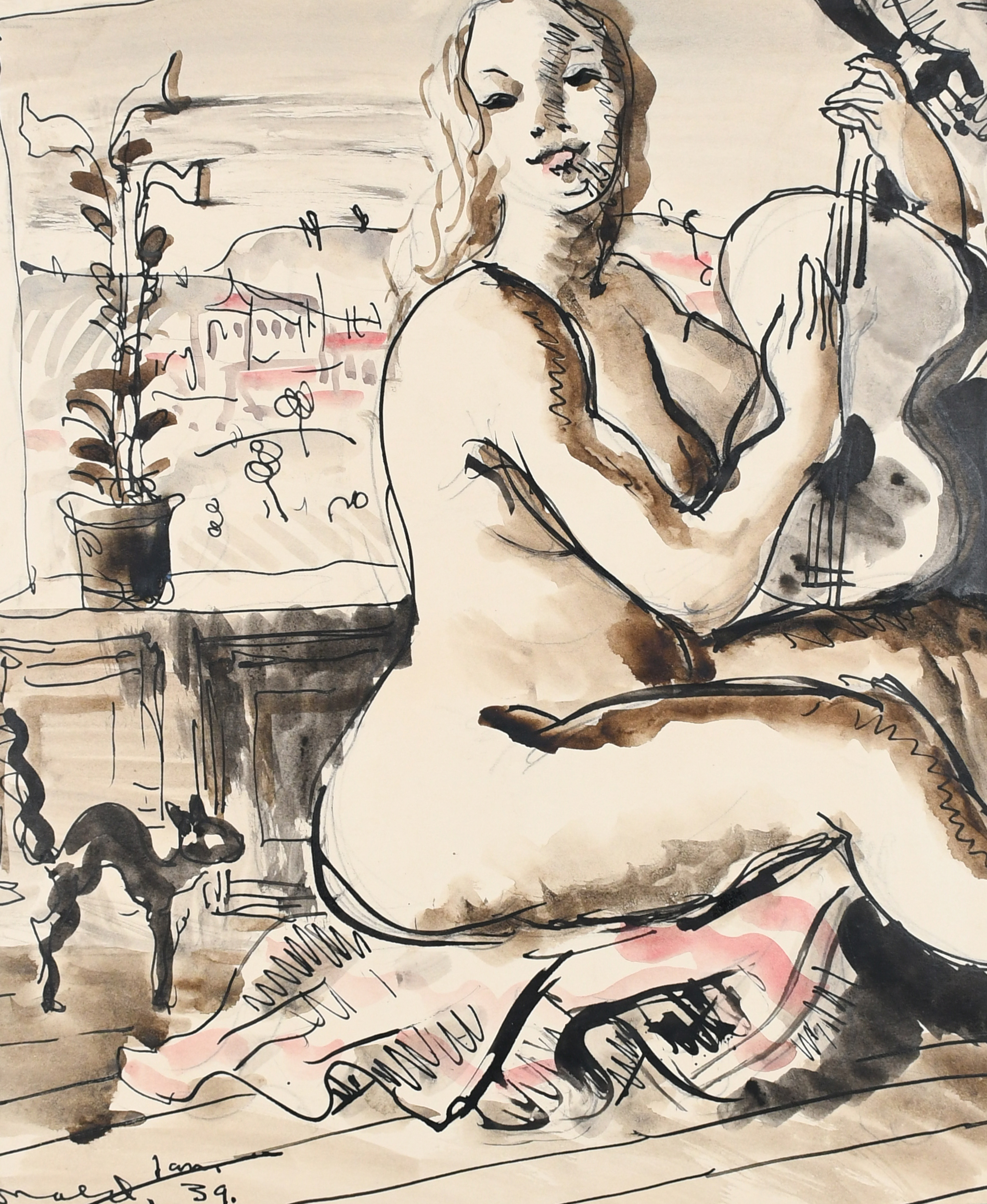 ‡Donald Friend (Australian 1915-1989) Nude playing a guitar Signed and dated Donald Friend 39 (lower