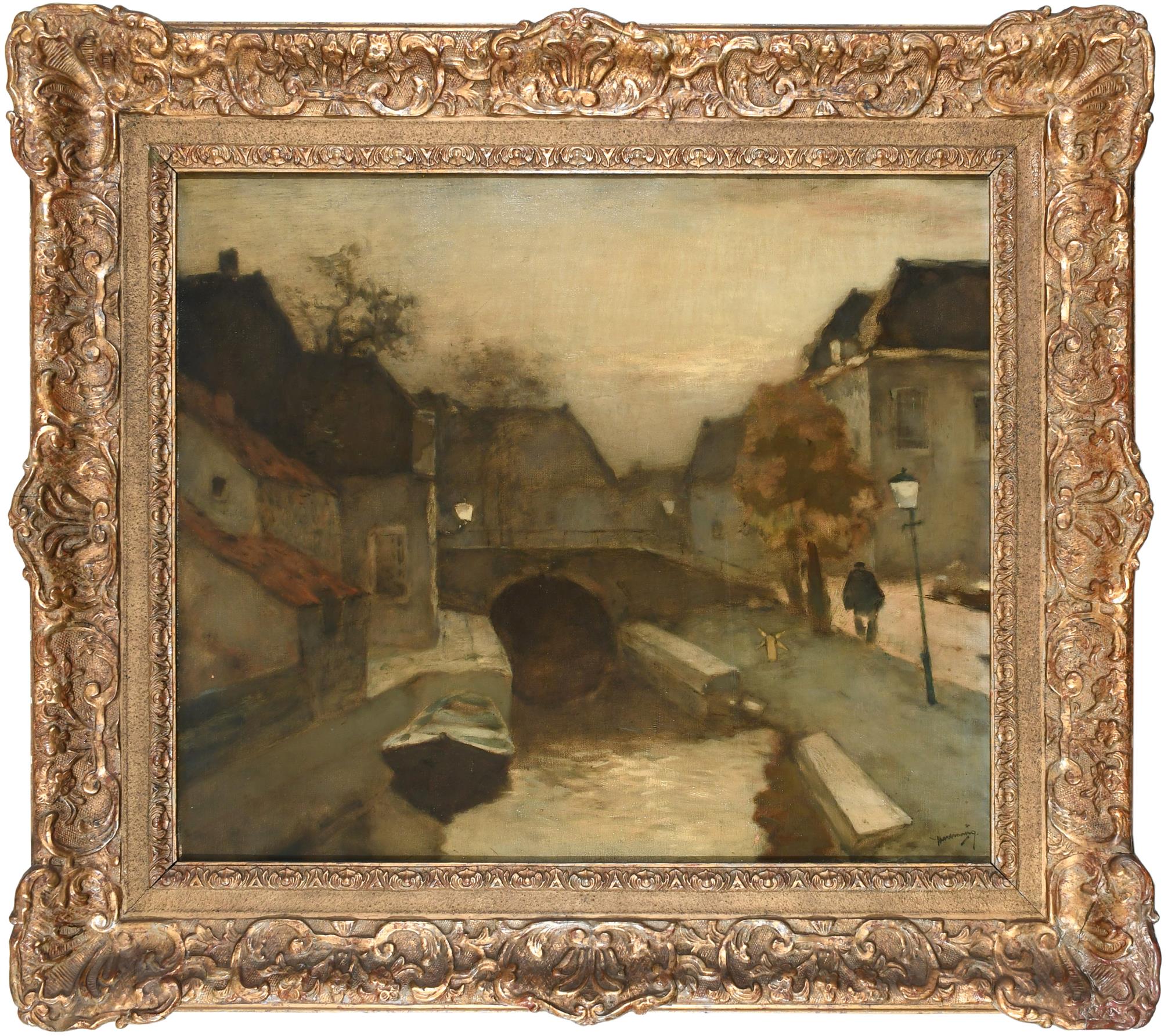 Dutch School Early 20th Century Townscape with a figure by a canal at dusk Indistinctly signed ( - Image 2 of 4