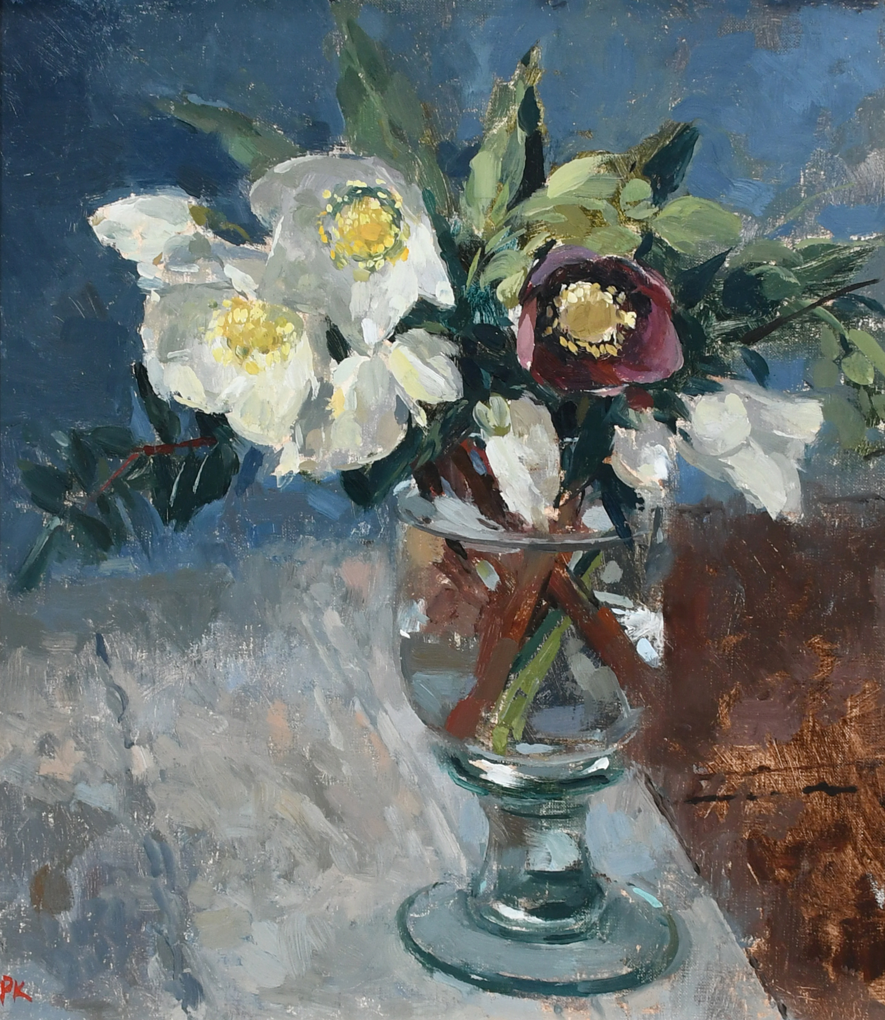 ‡Pamela Kay RWS, RBA, NEAC (b.1939) Hellebores in a vase Signed with initials PK (lower left) Oil on