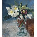 ‡Pamela Kay RWS, RBA, NEAC (b.1939) Hellebores in a vase Signed with initials PK (lower left) Oil on