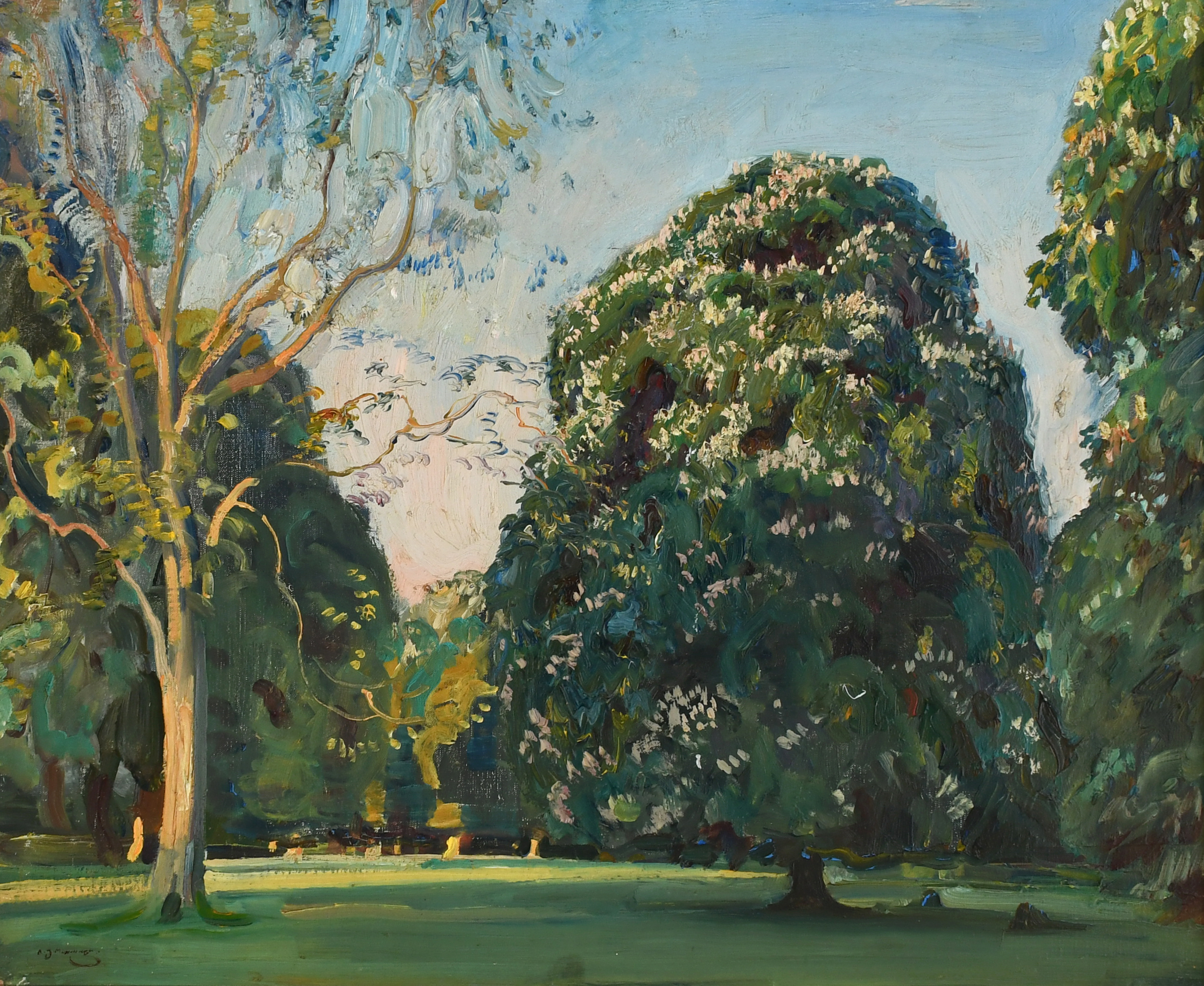 ‡Sir Alfred James Munnings PRA (1878-1959) Chestnuts in Calcot Park Signed A J MUNNINGS (lower left)