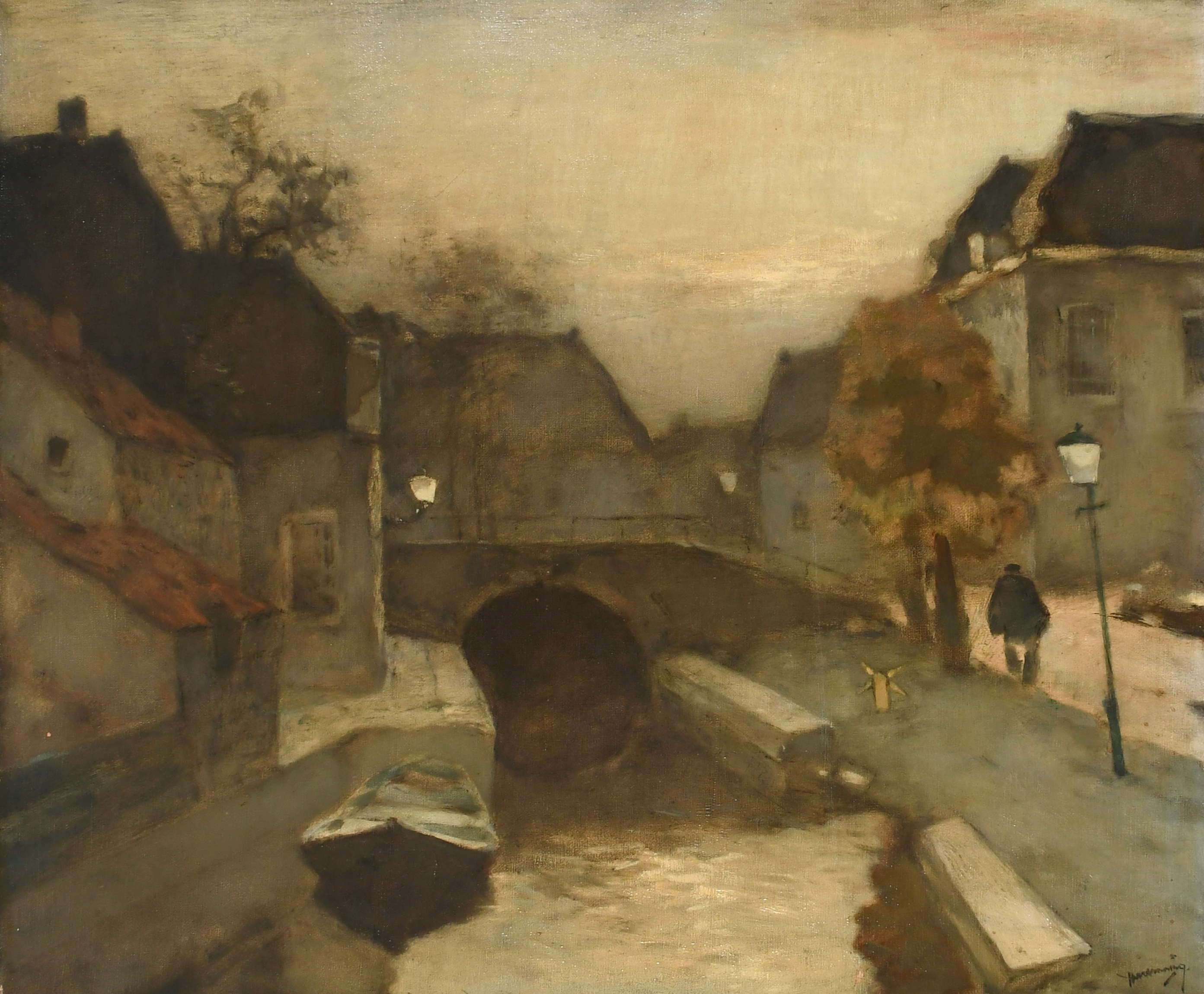 Dutch School Early 20th Century Townscape with a figure by a canal at dusk Indistinctly signed (